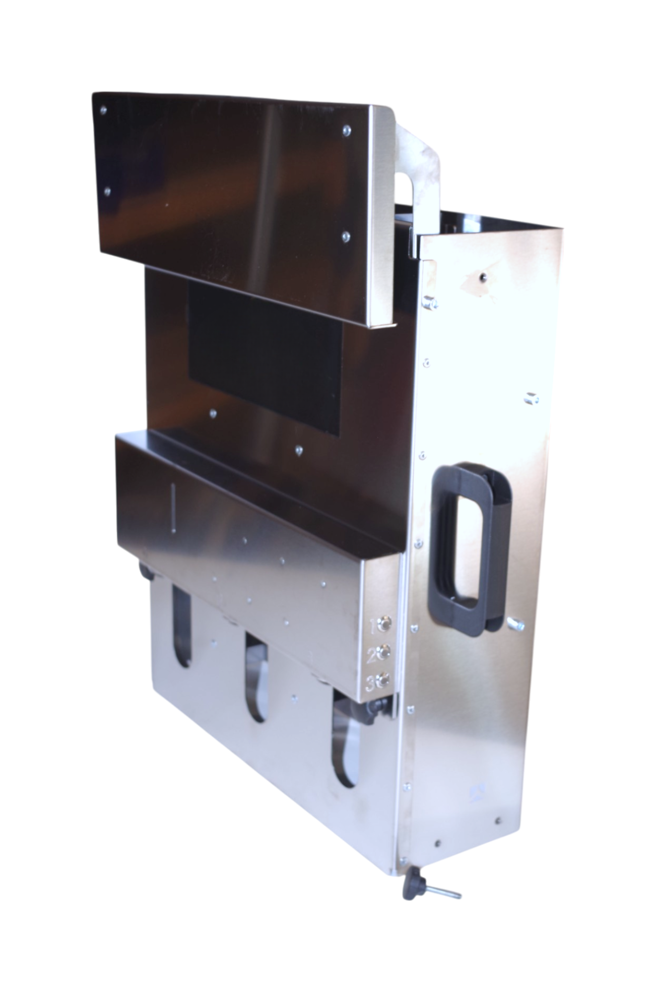 Hochwertiger Futterautomat aus Edelstahl von der Seite.