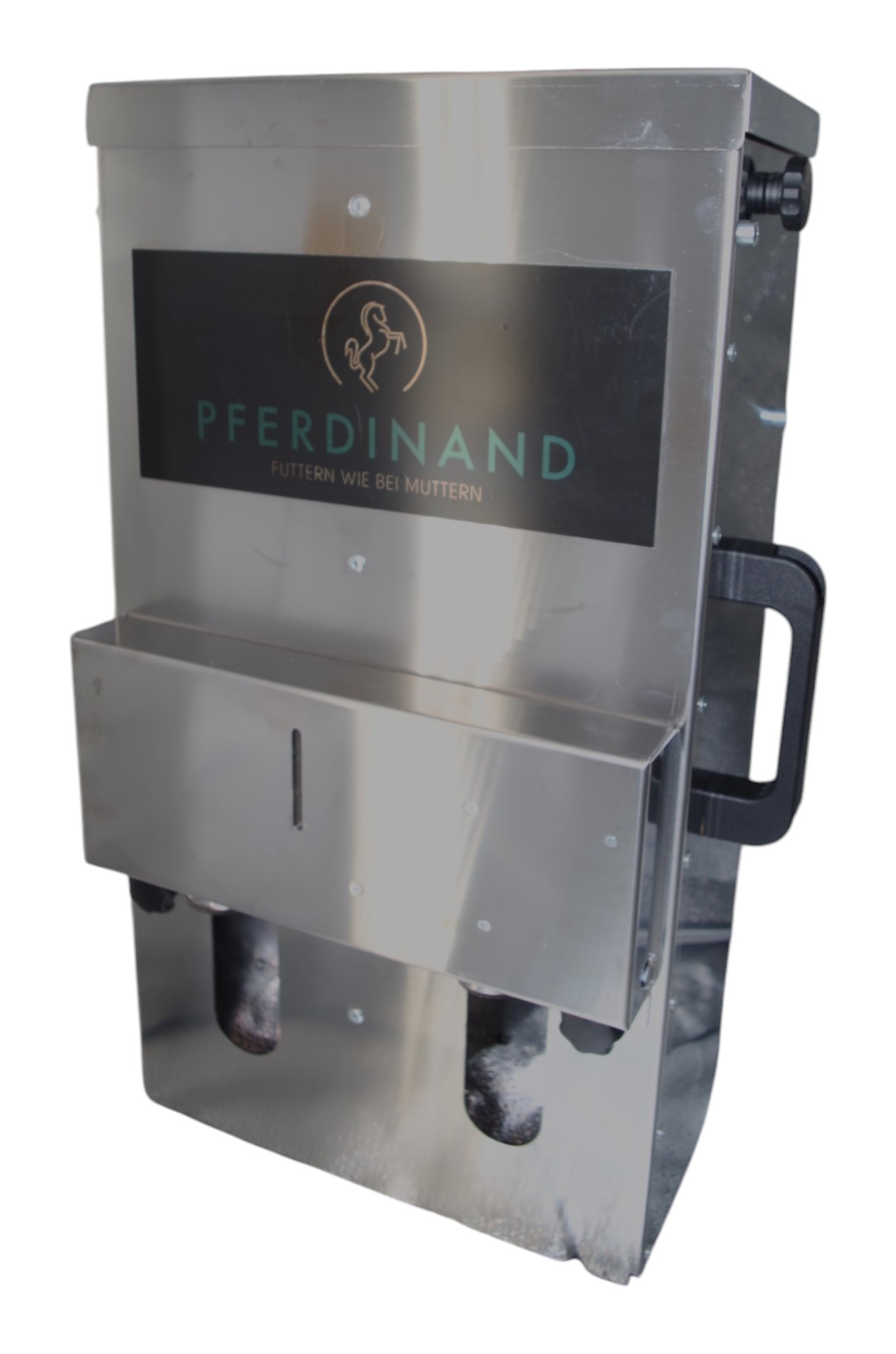 Entdecken Sie unseren hochwertigen Futterautomat Pferdinand DUO für Ihren Stall! Futterautomat mit zwei Futterschächten aus Edelstahl.