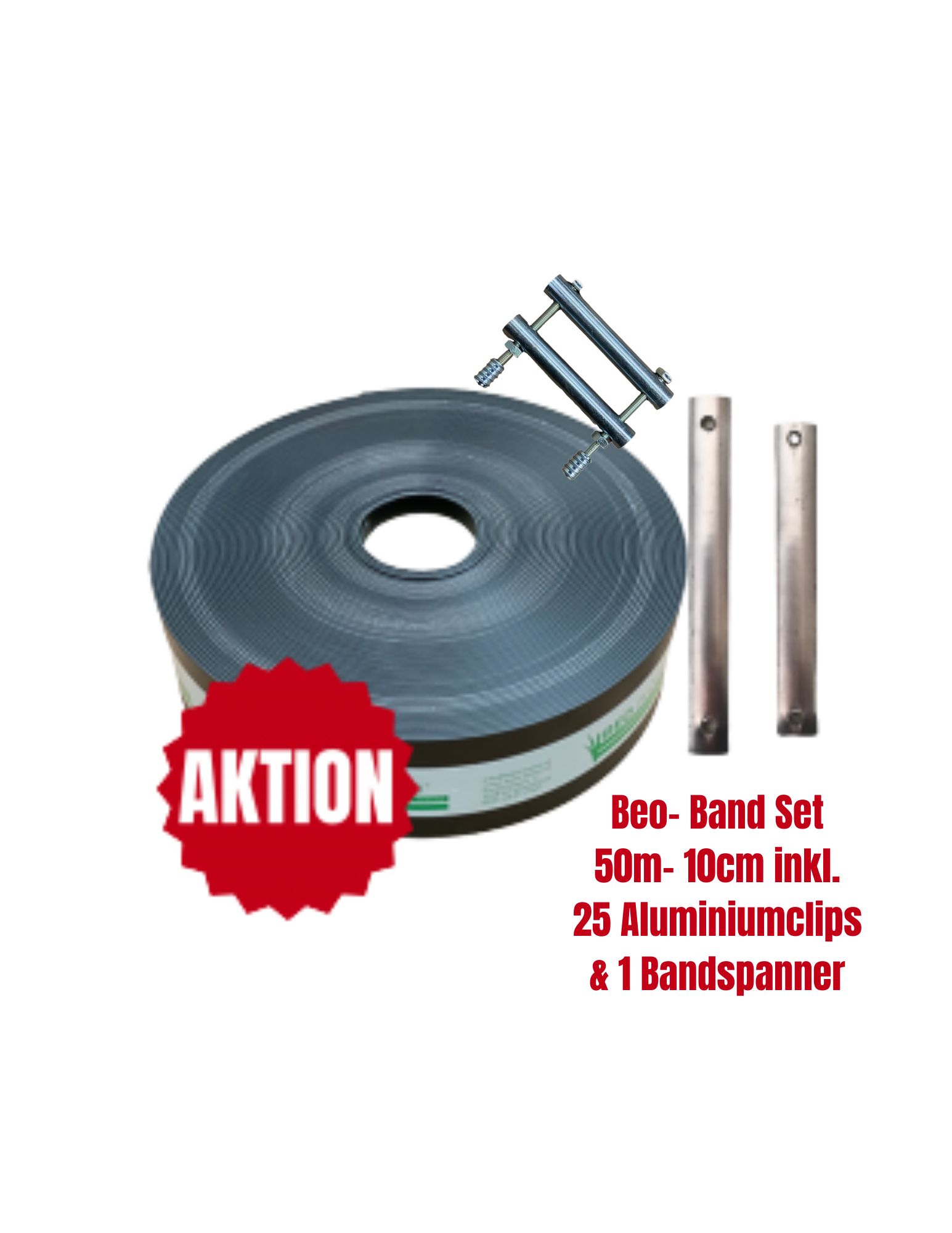AKTION: BEO-BAND® Set 50 m – 10 cm Schwarz inkl. 25 Aluminiumclips & Bandspanner